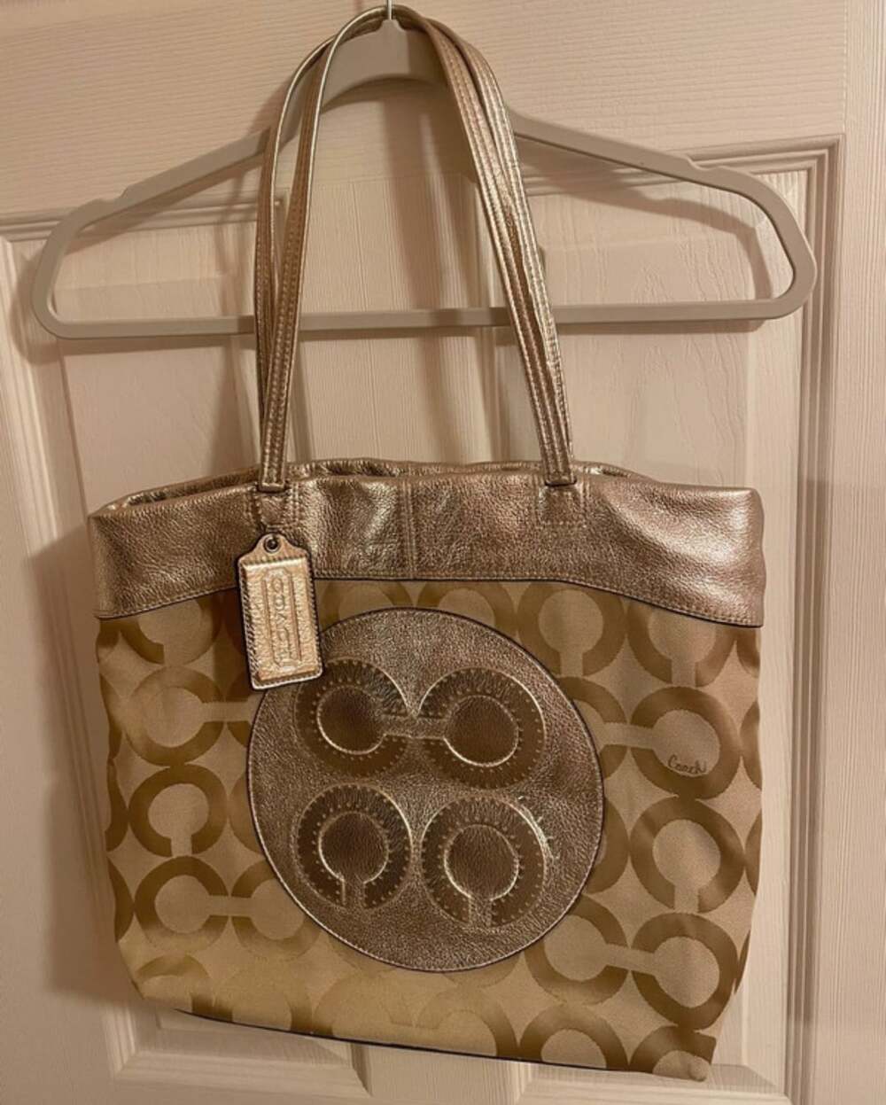 Coach Tote Bag Large Brown And Gold Bold Monogram Canvas Lavender Lining Vtg